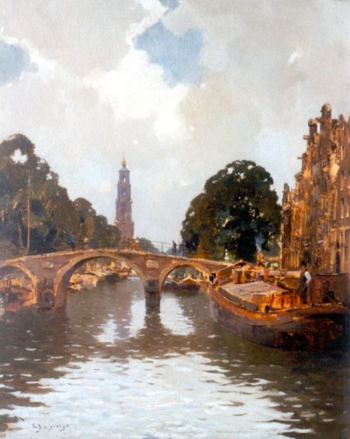 Evert Jan Ligtelijn | View of the Prinsengracht, with the Westertoren beyond, Amsterdam, oil on painter's board, 50.0 x 40.0 cm, signed l.l.