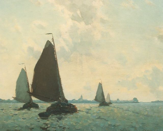 Egnatius Ydema | Shipping in full sail, with Oudega in the distance, oil on canvas, 64.0 x 76.0 cm, signed l.r.