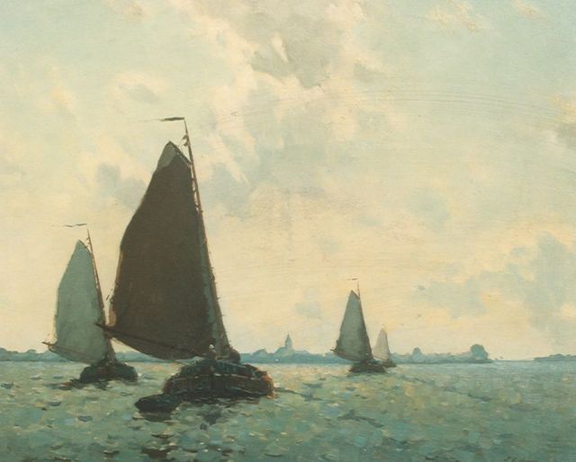 Ydema E.  | Shipping in full sail, with Oudega in the distance, oil on canvas 64.0 x 76.0 cm, signed l.r.