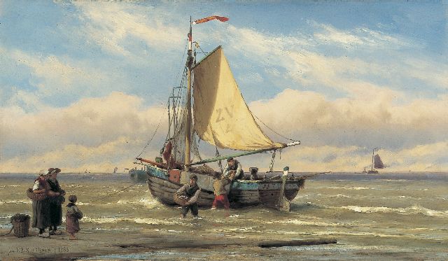 Koekkoek J.H.B.  | Unloading the catch, Zandvoort, oil on panel 24.3 x 42.0 cm, signed l.l. and on the reverse and dated 1888