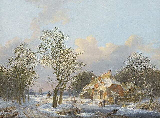 Stok J. van der | A winter landscape with figures near a farmstead, oil on panel 38.0 x 49.7 cm, signed l.r.