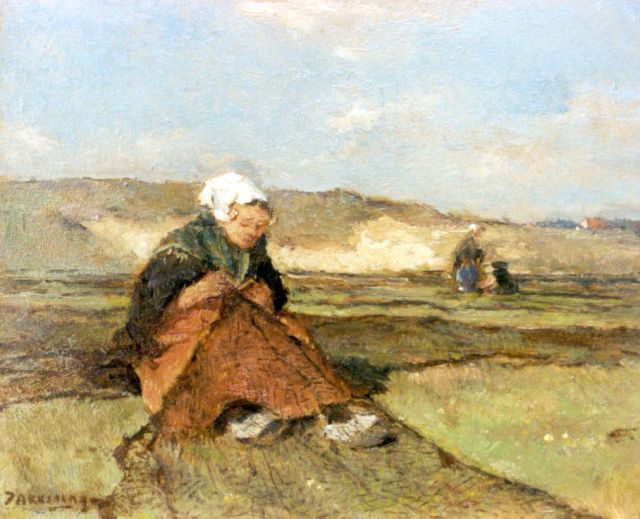 Akkeringa J.E.H.  | Mending nets in the dunes, oil on panel 14.5 x 17.1 cm, signed l.l.