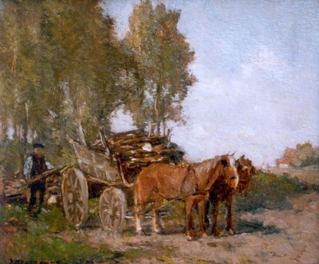 Johannes Evert Akkeringa | Gathering wood, oil on panel, 14.6 x 17.1 cm, signed l.l.