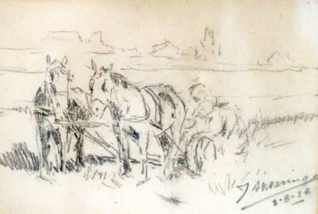 Johannes Evert Akkeringa | Ploughing the fields, pencil on paper, 10.3 x 15.2 cm, signed l.r. and dated 2-8-28