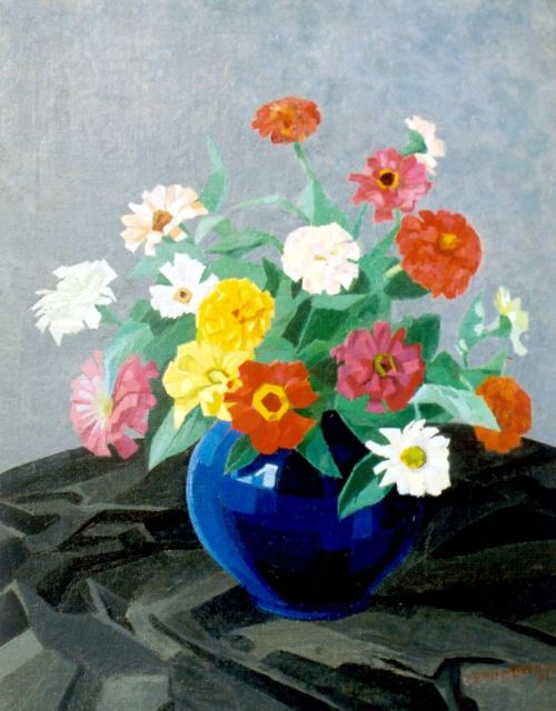 Dirk Smorenberg | Zinnias in a blue pot, oil on canvas, 50.1 x 40.2 cm, signed l.r. and dated '24