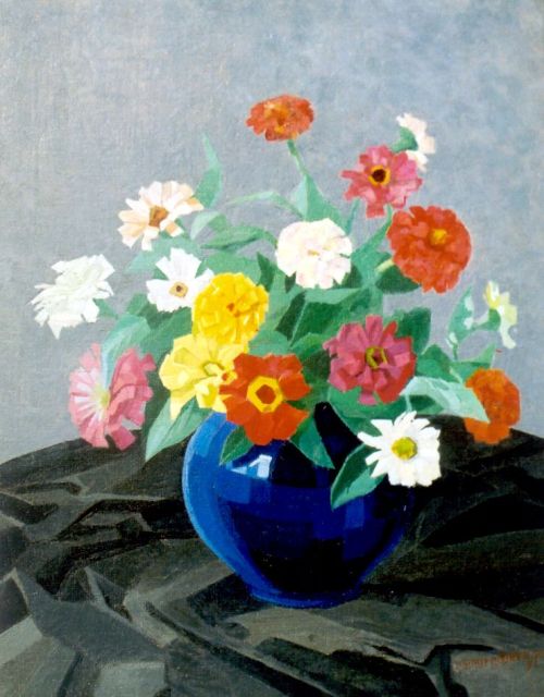 Smorenberg D.  | Zinnias in a blue pot, oil on canvas 50.1 x 40.2 cm, signed l.r. and dated '24