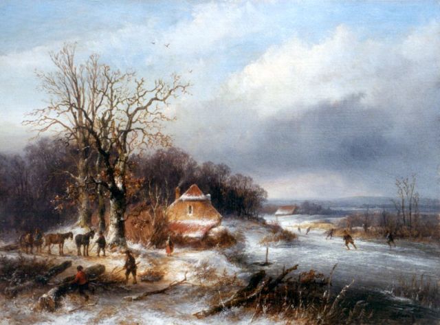 Hans J.G.  | A winter landscape with skaters on the ice, oil on panel 23.3 x 31.5 cm, signed l.r. and dated '55