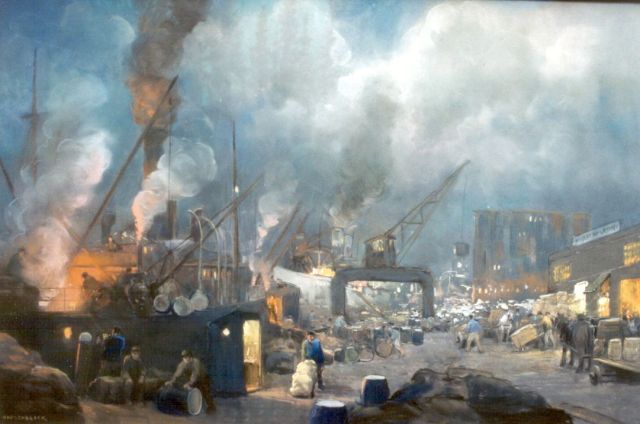 Herman Heijenbrock | Loading port, pastel on paper, 62.5 x 95.0 cm, signed l.l.