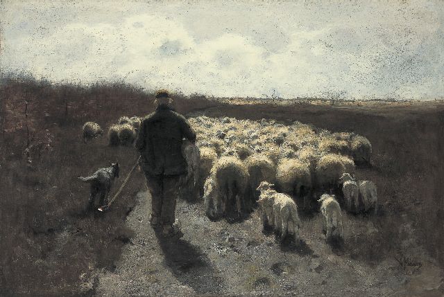 Anton Mauve | A shepherd with his flock, oil on canvas, 65.0 x 96.5 cm, signed l.r.