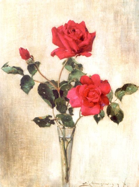 Adriaan Groenewegen | Red roses in a glass vase, oil on canvas laid down on panel, 33.6 x 25.5 cm, signed signed l.r.