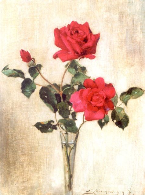 Groenewegen A.J.  | Red roses in a glass vase, oil on canvas laid down on panel 33.6 x 25.5 cm, signed signed l.r.