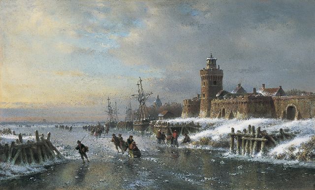 Kleijn L.J.  | Skaters on a frozen waterway by a fortified town, oil on panel 40.4 x 66.3 cm, signed l.l.