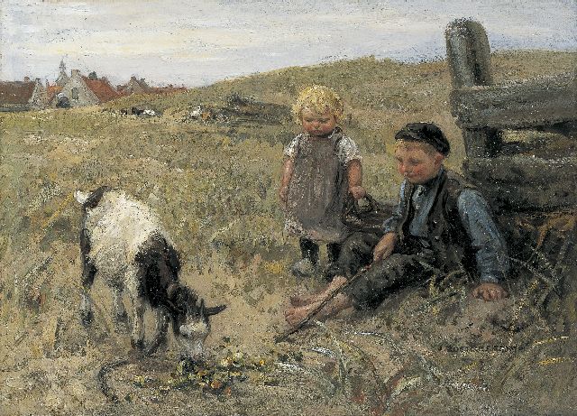 Jan Zoetelief Tromp | Feeding the goat, oil on canvas, 38.2 x 52.5 cm, signed l.r.