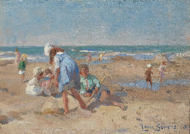 Louis Soonius | Children playing on the beach, oil on canvas laid down on panel, 18.4 x 24.1 cm, signed l.r. and dated 1920