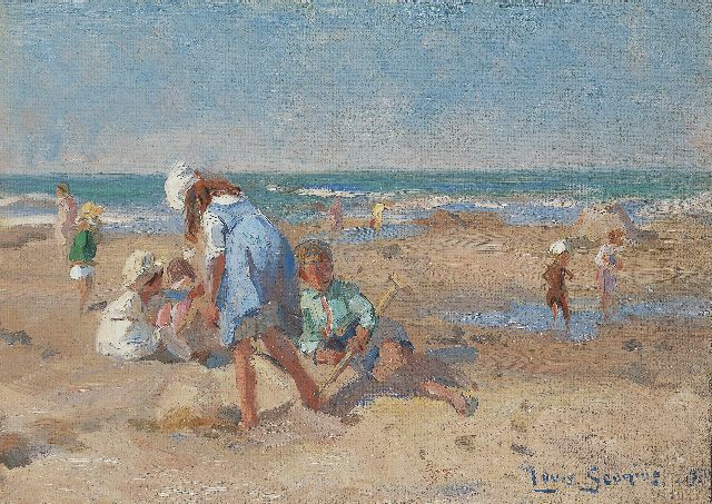 Soonius L.  | Children playing on the beach, oil on canvas laid down on panel 18.4 x 24.1 cm, signed l.r. and dated 1920