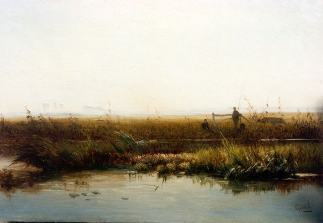 Gabriel P.J.C.  | Fishermen in a polder landscape, oil on panel 21.5 x 31.3 cm, signed l.r.