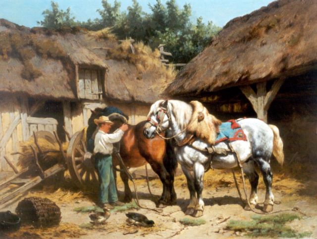 Wouter Verschuur jr. | Tending the horses, oil on panel, 39.1 x 50.6 cm, signed l.l.