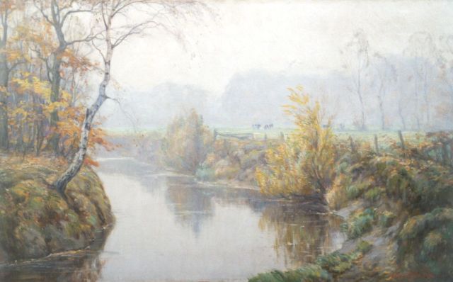 Meijer J.  | Herfstmorgen aan de beek, oil on canvas 60.4 x 100.6 cm, gesigneerd r.o.