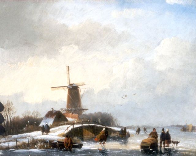 Spohler J.J.  | A winter landscape with skaters by a windmill, oil on panel 20.1 x 25.0 cm, signed l.l. and painted between 1830-1840