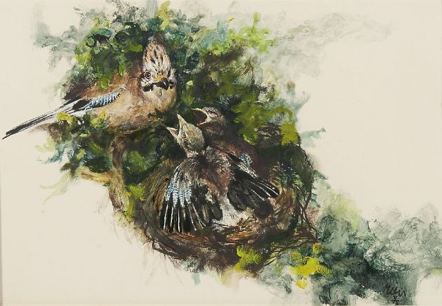 Rien Poortvliet | A Jay feeding it's young, ink, watercolour and gouache on paper, 24.0 x 34.0 cm, signed l.r.