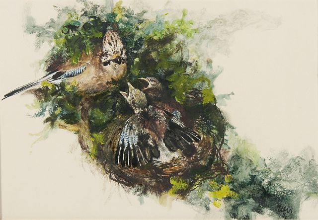 Poortvliet R.  | A Jay feeding it's young, ink, watercolour and gouache on paper 24.0 x 34.0 cm, signed l.r.