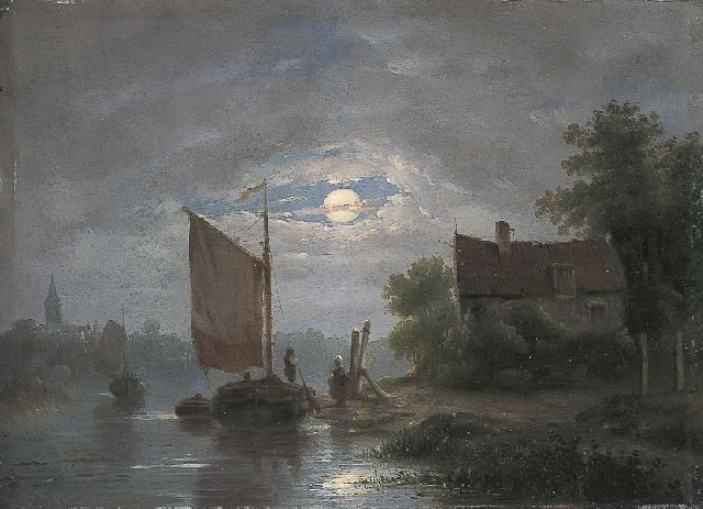 Jacobus van der Stok | A moonlit river landscape, oil on panel, 18.3 x 25.0 cm, signed l.l.
