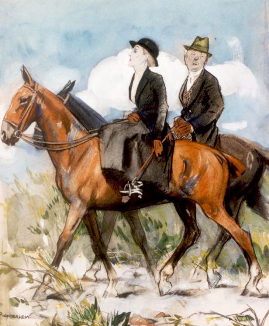 Hem P. van der | Horse lovers, black chalk, watercolour and gouache on paper 45.5 x 37.0 cm, signed l.l.