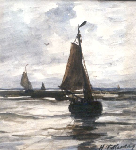 Hendrik Willem Mesdag | Moored 'bomschuiten' in the surf, watercolour on paper, 19.5 x 17.0 cm, signed l.r.