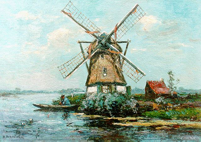 Brouwer B.J.  | A windmill in a landscape, Veenpolder Voorburg, oil on canvas 25.3 x 35.0 cm, signed l.l. and dated 1925?