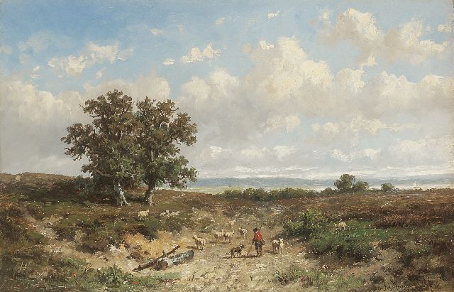 Wijngaerdt A.J. van | A shepherd and flock, oil on panel 23.5 x 36.0 cm, signed l.r.