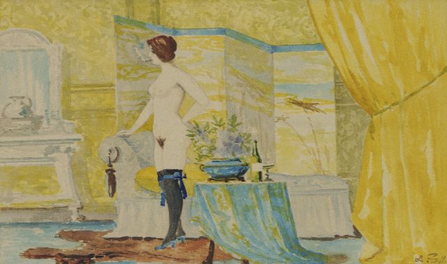 L. Soy | A nude smoking in the boudoir, watercolour on paper, 14.8 x 24.7 cm, signed l.r. and painted ca. 1920