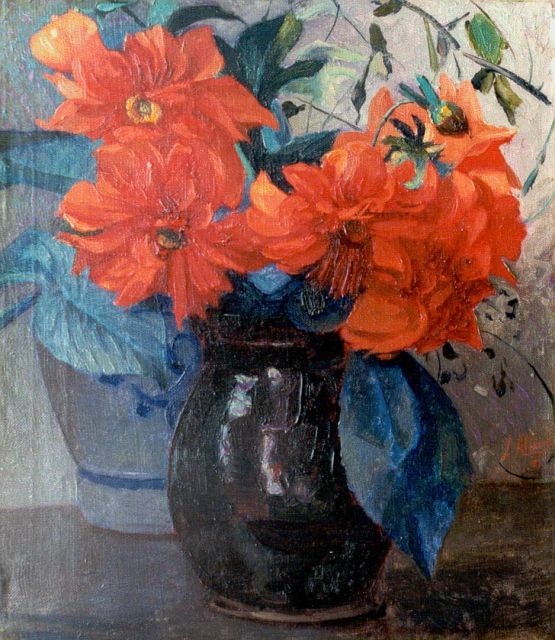 Altink J.  | Still life with dahlias, oil on canvas 39.2 x 34.5 cm, signed l.r. and dated '18