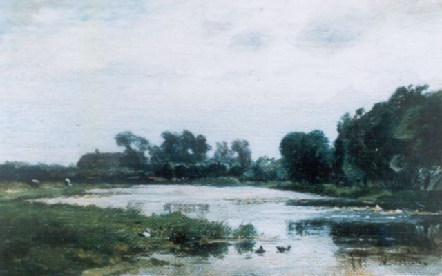 Borselen J.W. van | A river landscape, oil on canvas laid down on panel 12.8 x 19.4 cm, signed l.r.