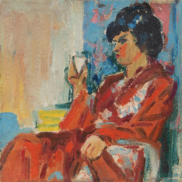 Johan Dijkstra | Elegant lady resting in a chair, wax paint on canvas, 25.2 x 25.2 cm, eind jaren '20