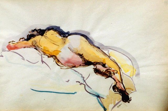 Martens G.G.  | A reclining nude, watercolour on paper 32.5 x 49.0 cm, signed l.r.