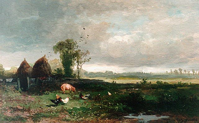 Johannes Warnardus Bilders | A pig and poultry in a meadow, oil on panel, 21.7 x 35.0 cm, signed l.r.