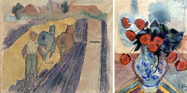 Jan Altink | A ploughing farmer (recto); Flower still life (verso), watercolour on paper, 43.3 x 54.2 cm, signed on the reverse and dated '24 on the reverse