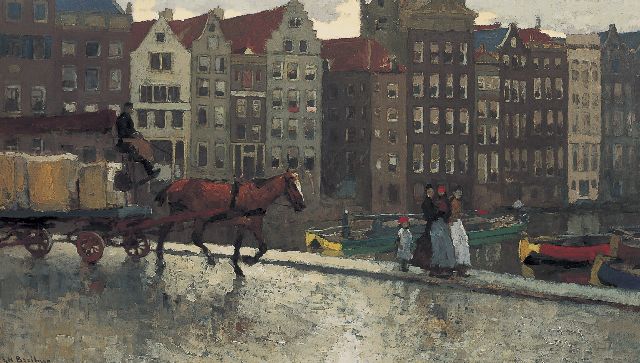 Breitner G.H.  | A horsecar on the Nieuwe Brug, Damrak, oil on canvas 52.3 x 92.3 cm, signed l.l.