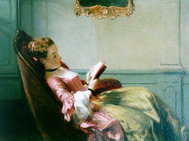 David Bles | An elegant lady reading, oil on panel, 12.5 x 16.5 cm, signed l.l.