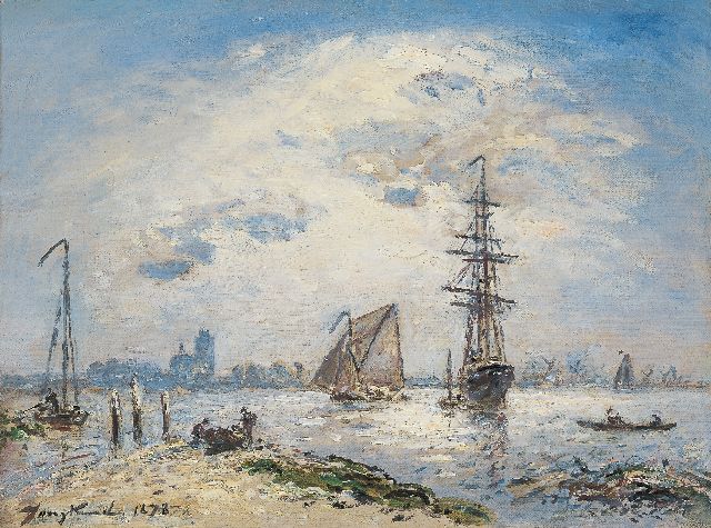 Jongkind J.B.  | Shipping on the Oude Maas, Dordrecht, oil on canvas 24.5 x 32.3 cm, signed l.l. and dated 1878