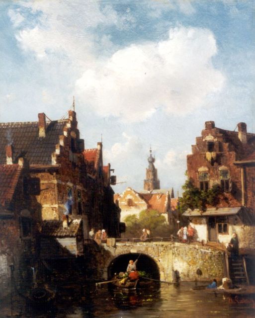 Charles Leickert | Stadsgezicht met een groentenschuit op een gracht, oil on panel, 28.0 x 21.7 cm, gesigneerd r.o.