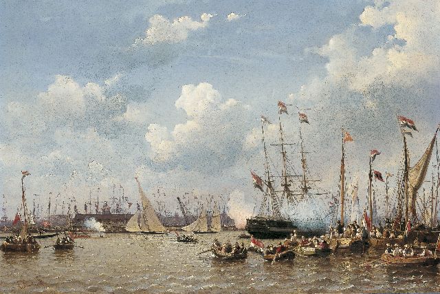 Koster E.  | Regatta on the IJ, Amsterdam, oil on panel 41.6 x 62.3 cm, signed l.l. and painted between 1846-1847