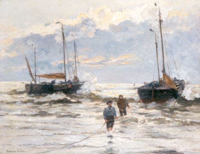 German Grobe | 'Bomschuiten'  in the surf, oil on panel, 39.5 x 50.0 cm, signed l.l.