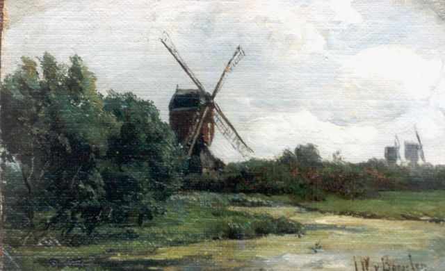 Borselen J.W. van | Windmills in a polder landscape, oil on canvas laid down on panel 12.8 x 19.7 cm, signed l.r.