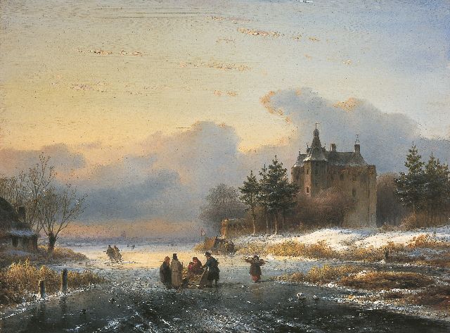 Lodewijk Johannes Kleijn | Winter landscape with skaters on the ice by a 'koek en zopie', oil on panel, 35.0 x 47.0 cm