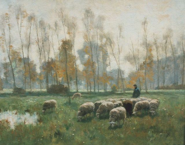 Willem Steelink jr. | A shepherd and flock in a meadow, oil on canvas, 39.0 x 50.0 cm, signed l.r.