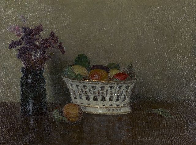 Paul Arntzenius | Still life of a fruit basket, oil on canvas, 45.0 x 60.0 cm, signed l.r. and dated on stretcher 1955