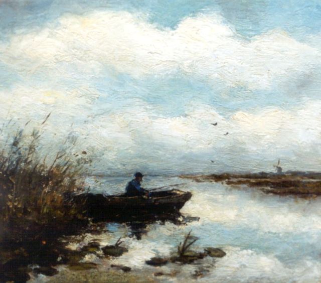 Weissenbruch H.J.  | A polder landscape with a fisherman in a barge, oil on panel 16.2 x 18.2 cm, signed traces of signature c.l.