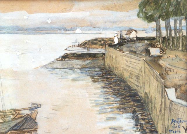 Jan Toorop | The quay of Veere, chalk and watercolour on paper, 10.5 x 14.5 cm, signed l.r. and dated Veere 1903