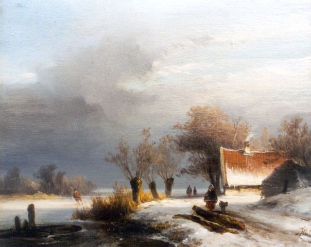 John Franciscus Hoppenbrouwers | A skater on a frozen waterway, oil on panel, 16.0 x 19.5 cm, signed l.r. with monogram